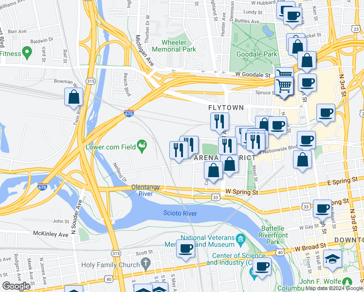 map of restaurants, bars, coffee shops, grocery stores, and more near 400 West Nationwide Boulevard in Columbus