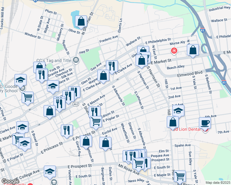 map of restaurants, bars, coffee shops, grocery stores, and more near 60 South Albemarle Street in York