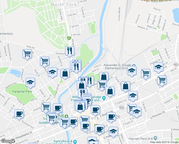 map of restaurants, bars, coffee shops, grocery stores, and more near 107 Arch Street in York