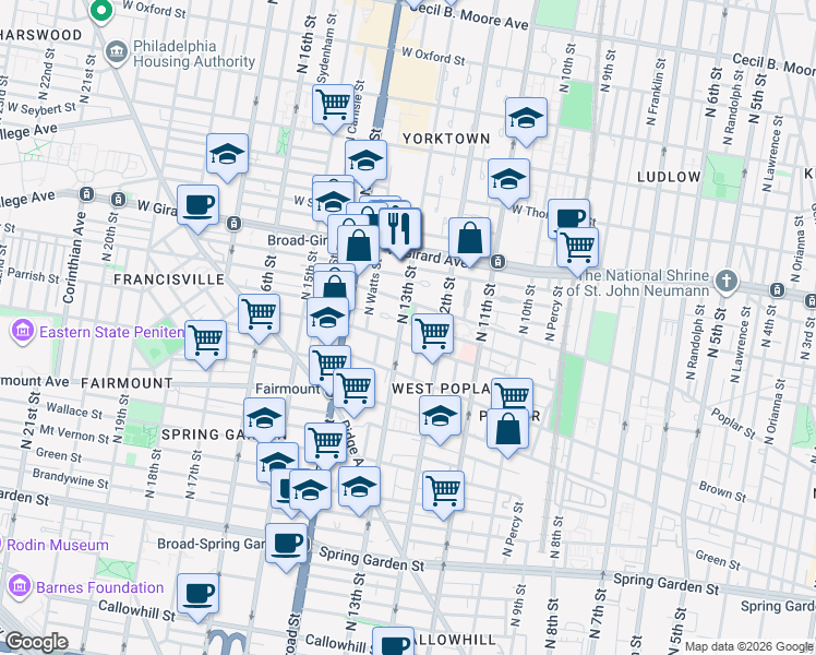 map of restaurants, bars, coffee shops, grocery stores, and more near 1232 Ogden Street in Philadelphia