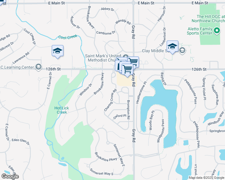 map of restaurants, bars, coffee shops, grocery stores, and more near 12440 Charing Cross Road in Carmel