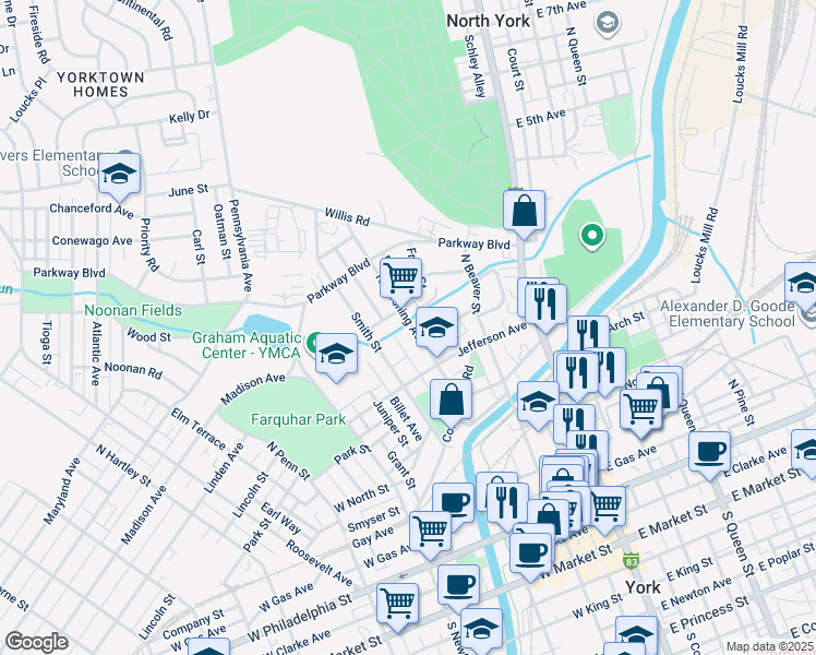 map of restaurants, bars, coffee shops, grocery stores, and more near 560 North Pershing Avenue in York