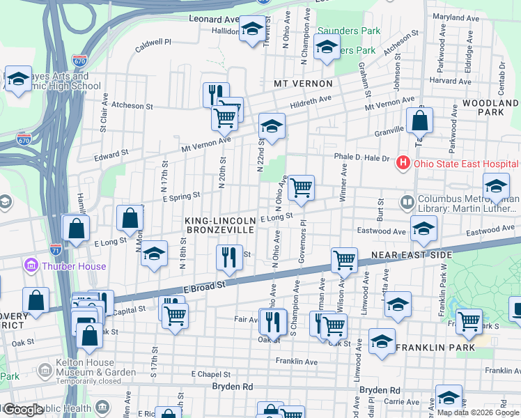 map of restaurants, bars, coffee shops, grocery stores, and more near 150 North 22nd Street in Columbus