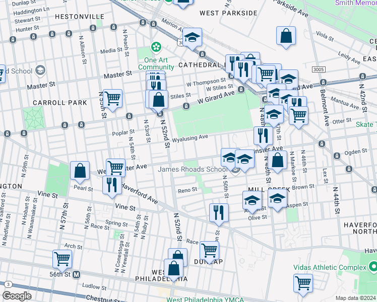 map of restaurants, bars, coffee shops, grocery stores, and more near 5109 Westminster Avenue in Philadelphia