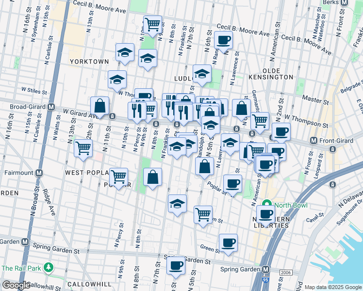 map of restaurants, bars, coffee shops, grocery stores, and more near 968 North Marshall Street in Philadelphia