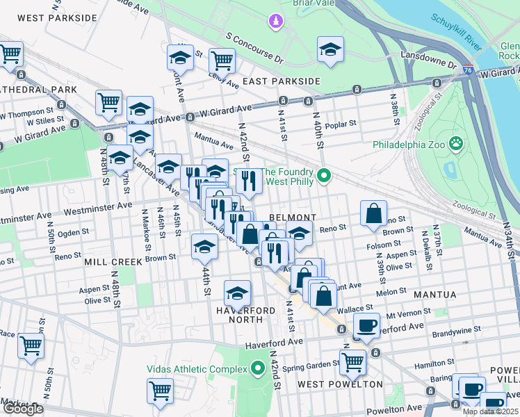 map of restaurants, bars, coffee shops, grocery stores, and more near 4130 Ogden Street in Philadelphia