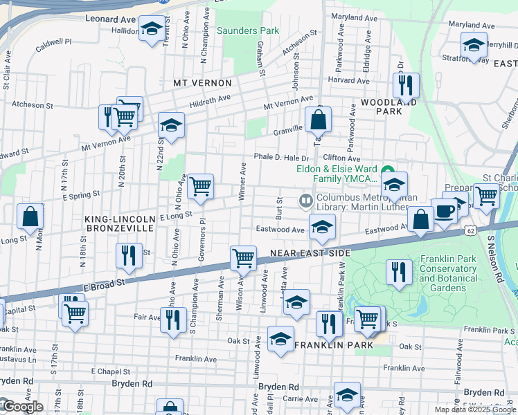 map of restaurants, bars, coffee shops, grocery stores, and more near 1359 East Long Street in Columbus
