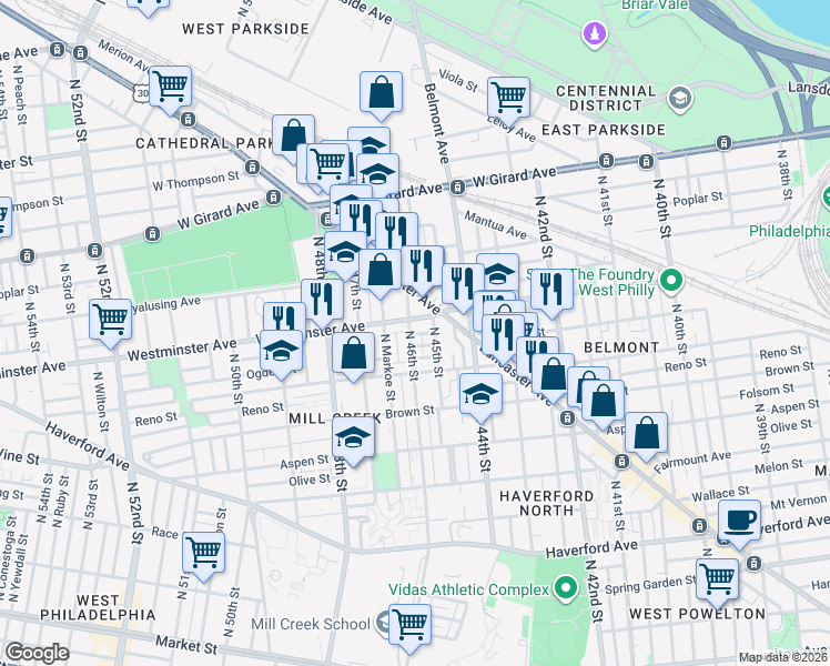 map of restaurants, bars, coffee shops, grocery stores, and more near 886 North 45th Street in Philadelphia