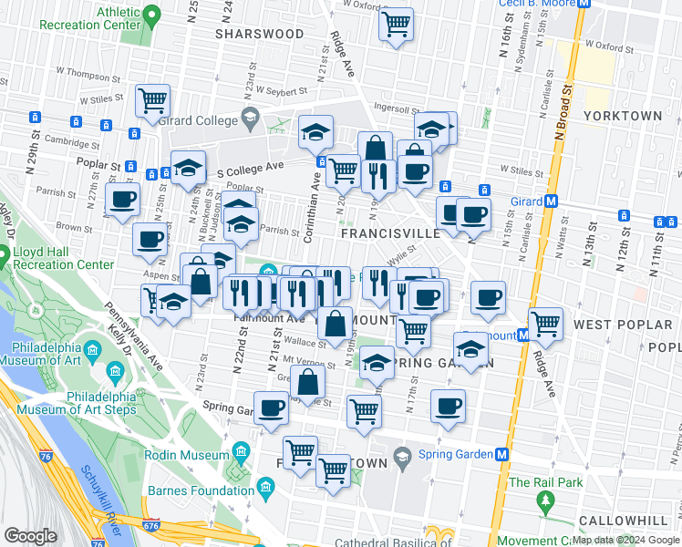 map of restaurants, bars, coffee shops, grocery stores, and more near 1926 Brown Street in Philadelphia