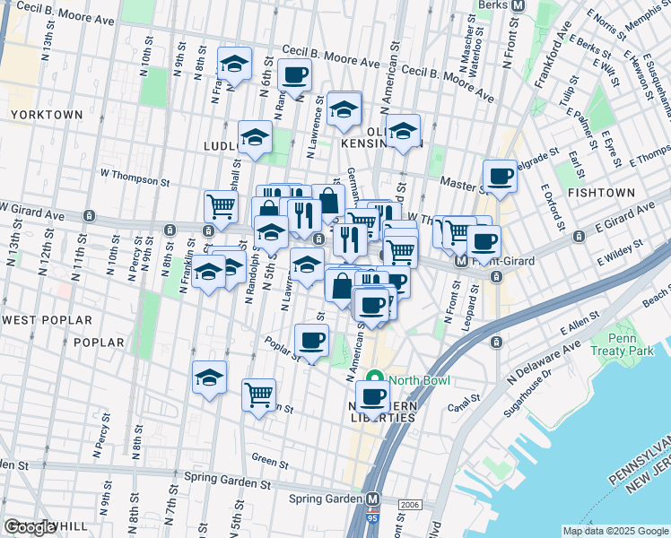 map of restaurants, bars, coffee shops, grocery stores, and more near 1146 North Galloway Street in Philadelphia