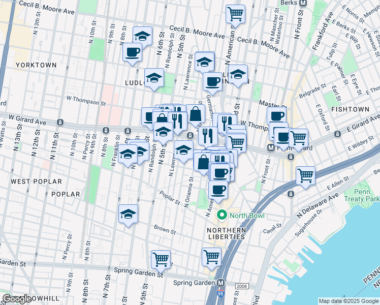 map of restaurants, bars, coffee shops, grocery stores, and more near 1133 North 4th Street in Philadelphia