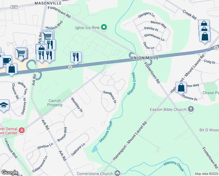 map of restaurants, bars, coffee shops, grocery stores, and more near 2205A Yarmouth Lane in Mount Laurel Township