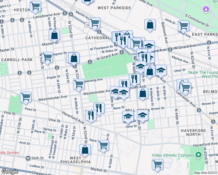 map of restaurants, bars, coffee shops, grocery stores, and more near 910 North 50th Street in Philadelphia