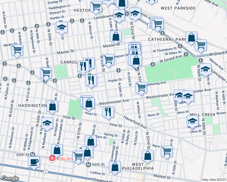 map of restaurants, bars, coffee shops, grocery stores, and more near 5416 Wyalusing Avenue in Philadelphia