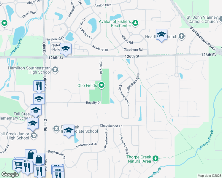 map of restaurants, bars, coffee shops, grocery stores, and more near 12386 Wolverton Way in Fishers
