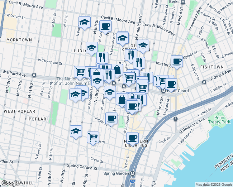 map of restaurants, bars, coffee shops, grocery stores, and more near 1140 North Orianna Street in Philadelphia