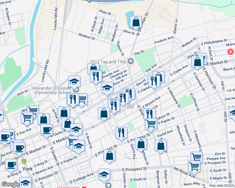 map of restaurants, bars, coffee shops, grocery stores, and more near 678 East Philadelphia Street in York