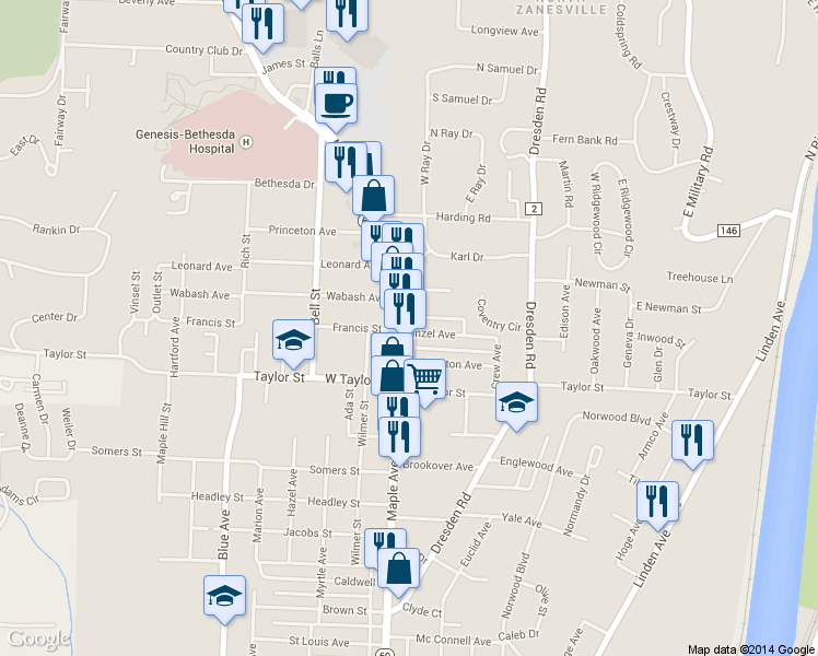 map of restaurants, bars, coffee shops, grocery stores, and more near 2502 Maple Avenue in Zanesville