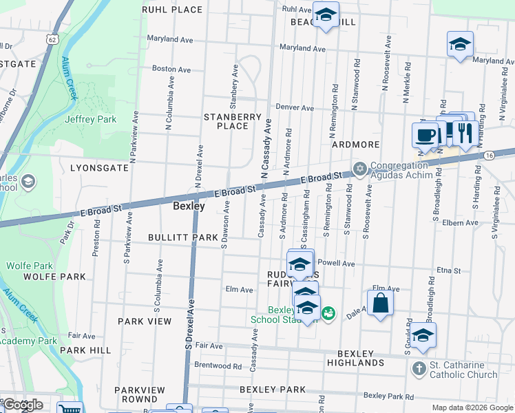 map of restaurants, bars, coffee shops, grocery stores, and more near 37 South Cassady Avenue in Columbus