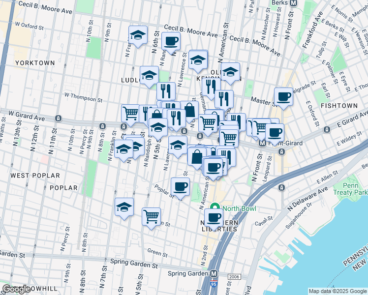 map of restaurants, bars, coffee shops, grocery stores, and more near 1140 North Orianna Street in Philadelphia