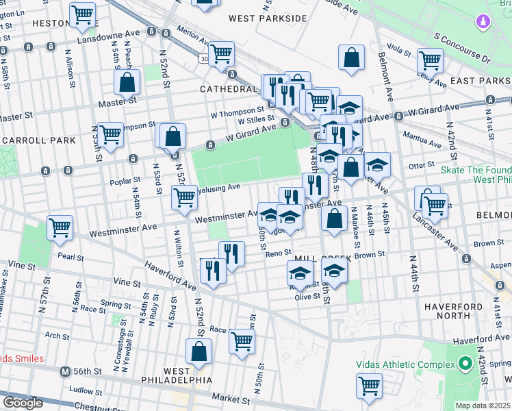 map of restaurants, bars, coffee shops, grocery stores, and more near 910 North 50th Street in Philadelphia