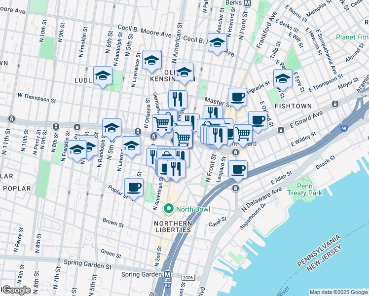 map of restaurants, bars, coffee shops, grocery stores, and more near in Philadelphia