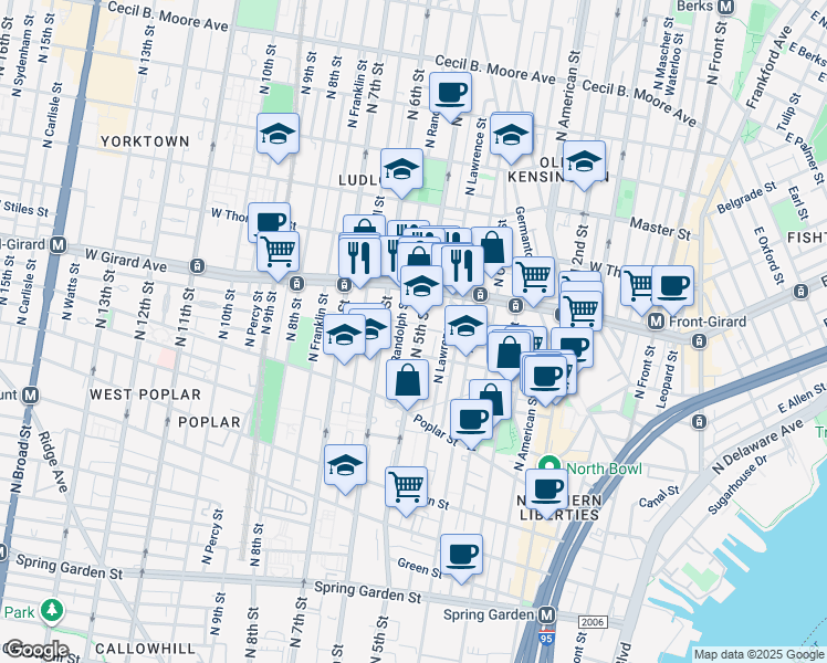 map of restaurants, bars, coffee shops, grocery stores, and more near 984 North 5th Street in Philadelphia