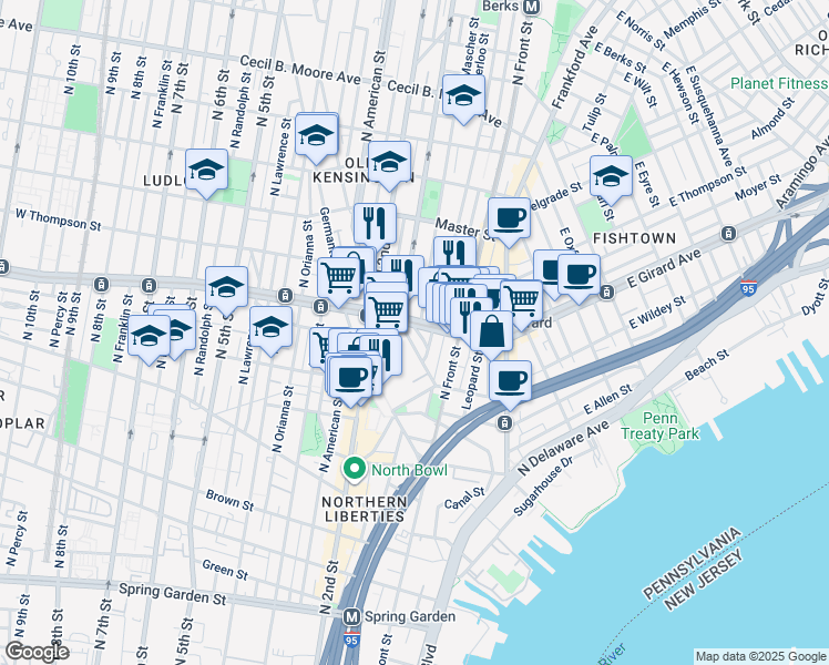map of restaurants, bars, coffee shops, grocery stores, and more near 1144 O'Neil Street in Philadelphia