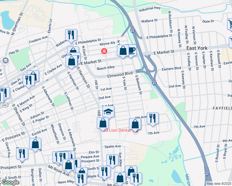 map of restaurants, bars, coffee shops, grocery stores, and more near 1507 2nd Avenue in York