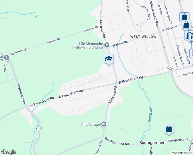 map of restaurants, bars, coffee shops, grocery stores, and more near 205 Norbury Circle in Willow Street