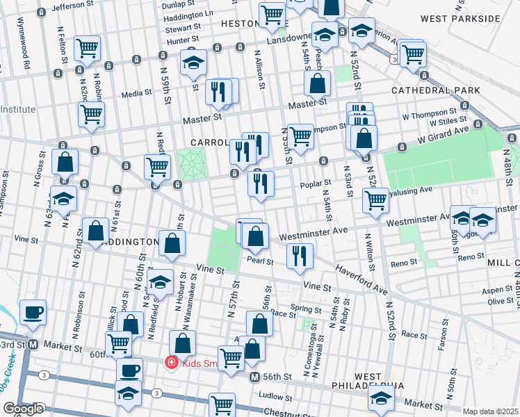 map of restaurants, bars, coffee shops, grocery stores, and more near 5605 Wyalusing Avenue in Philadelphia