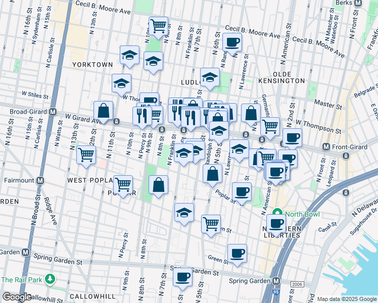 map of restaurants, bars, coffee shops, grocery stores, and more near 968 North Marshall Street in Philadelphia