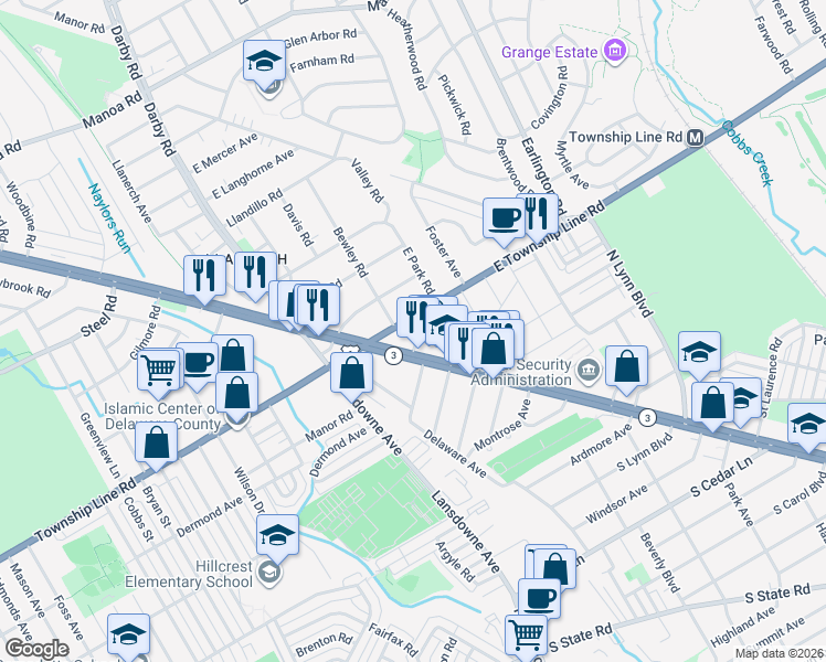 map of restaurants, bars, coffee shops, grocery stores, and more near 61 Bewley Road in Delaware County