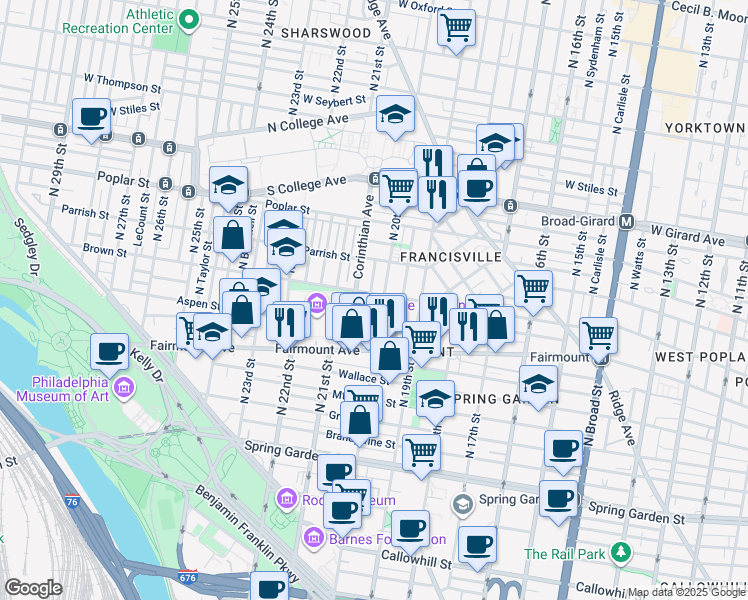 map of restaurants, bars, coffee shops, grocery stores, and more near 2008 Brown Street in Philadelphia