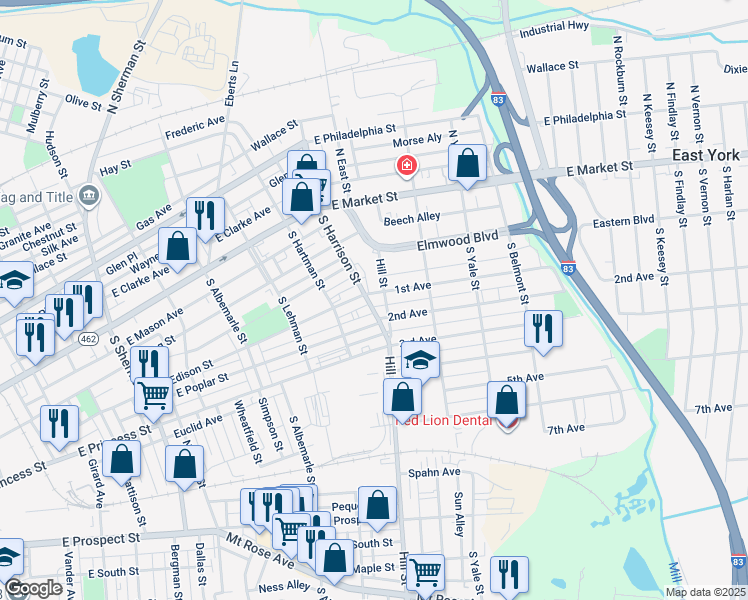 map of restaurants, bars, coffee shops, grocery stores, and more near 1330 1st Avenue in York
