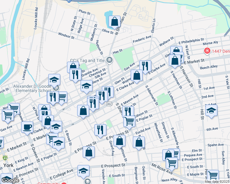 map of restaurants, bars, coffee shops, grocery stores, and more near 35 North Sherman Street in York