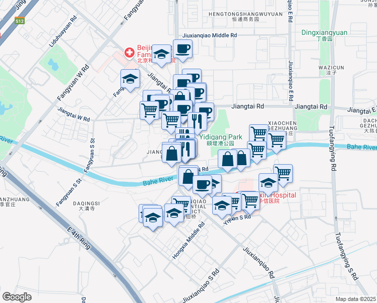 map of restaurants, bars, coffee shops, grocery stores, and more near 18 Jiu Xian Qiao Lu in Beijing