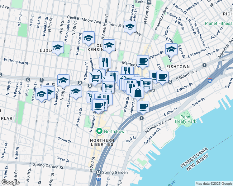 map of restaurants, bars, coffee shops, grocery stores, and more near 1144 O'Neil Street in Philadelphia