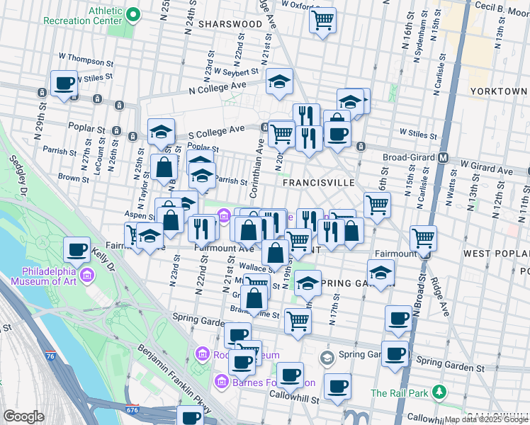 map of restaurants, bars, coffee shops, grocery stores, and more near 2006 Brown Street in Philadelphia