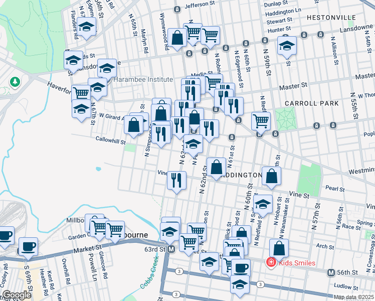 map of restaurants, bars, coffee shops, grocery stores, and more near 401 North 63rd Street in Philadelphia
