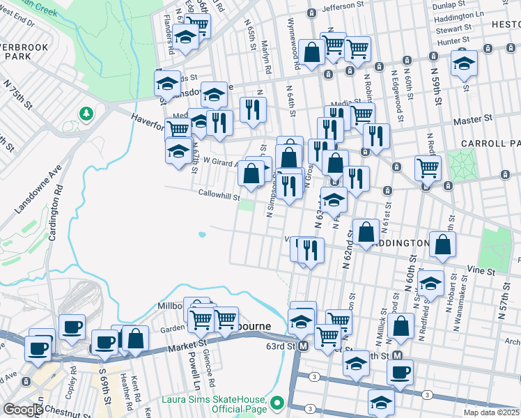 map of restaurants, bars, coffee shops, grocery stores, and more near 317 North 65th Street in Philadelphia