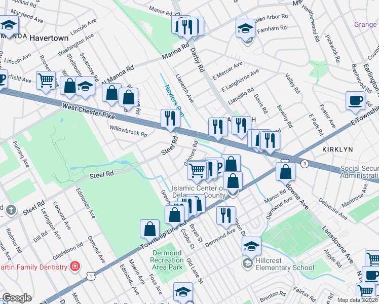 map of restaurants, bars, coffee shops, grocery stores, and more near 100 Gilmore Road in Havertown