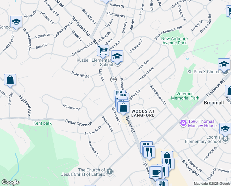 map of restaurants, bars, coffee shops, grocery stores, and more near 2185 Princeton Place in Broomall