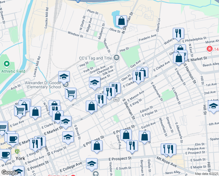 map of restaurants, bars, coffee shops, grocery stores, and more near 67 North Franklin Street in York