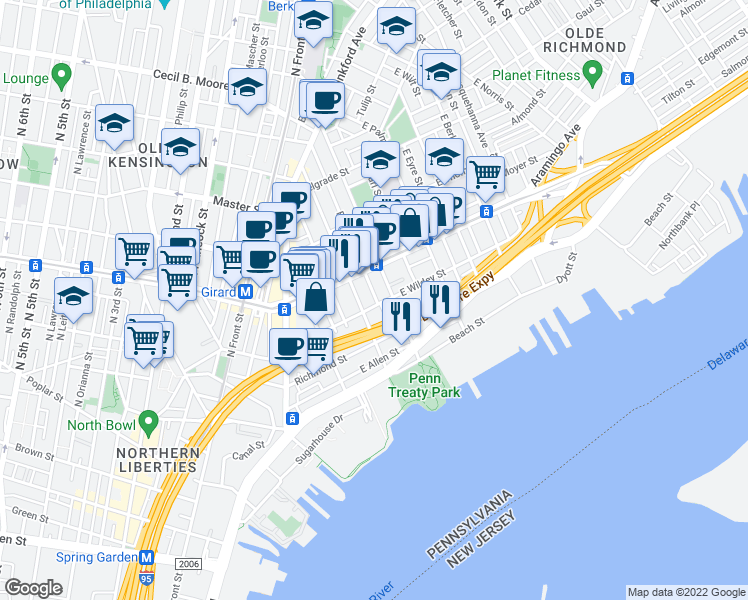 map of restaurants, bars, coffee shops, grocery stores, and more near 1107 East Oxford Street in Philadelphia