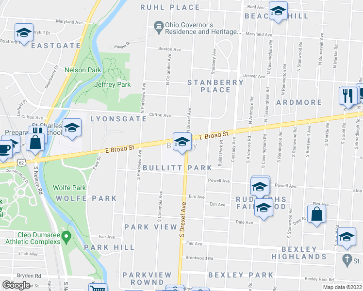 map of restaurants, bars, coffee shops, grocery stores, and more near in Bexley