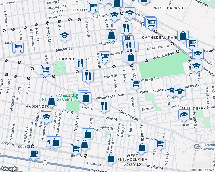 map of restaurants, bars, coffee shops, grocery stores, and more near 5420 Wyalusing Avenue in Philadelphia