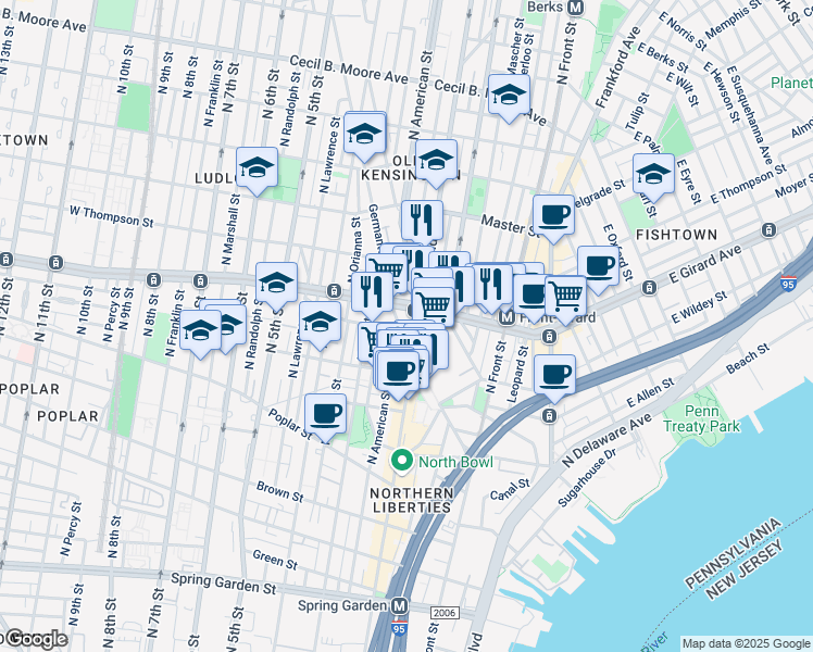 map of restaurants, bars, coffee shops, grocery stores, and more near 1127 Germantown Avenue in Philadelphia
