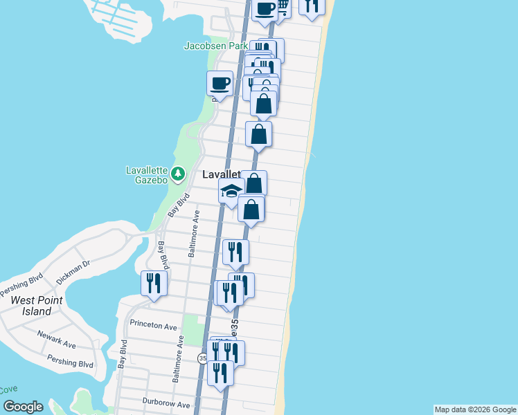 map of restaurants, bars, coffee shops, grocery stores, and more near 23 Washington Avenue in Lavallette