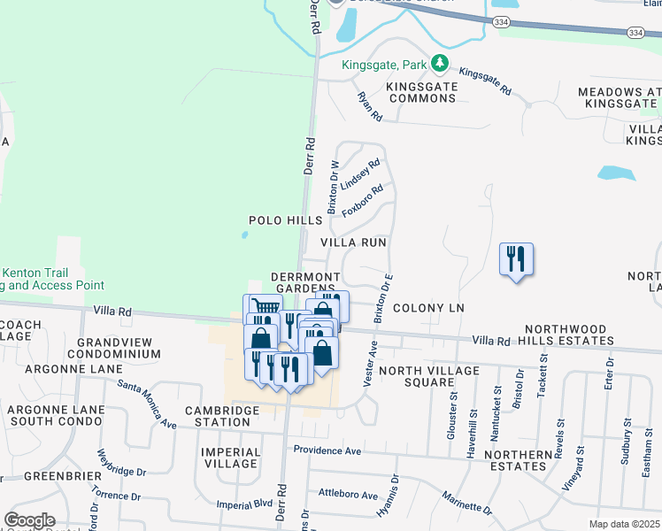 map of restaurants, bars, coffee shops, grocery stores, and more near 1015 Abington Place in Springfield